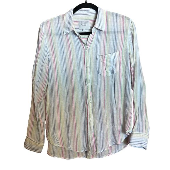 Rails Tops - RAILS Top Womens Small Multicolor Stripe Linen Blend Button Up Collared Blouse